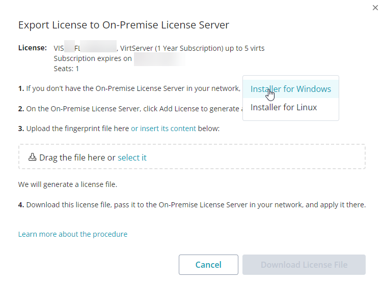 Export ReadyAPI VirtServer License to On-Premise License Server – Installer Selection Screenshot of the Export License to On-Premise License Server dialog for ReadyAPI VirtServer. The instructions show Step 1: “If you don’t have the On-Premise License Server in your network, download and install it.” The download link is expanded, displaying a dropdown menu with options: “Installer for Windows” and “Installer for Linux.” A cursor highlights the Windows option, emphasizing the choice of installer for downloading and installing the On-Premise License Server.