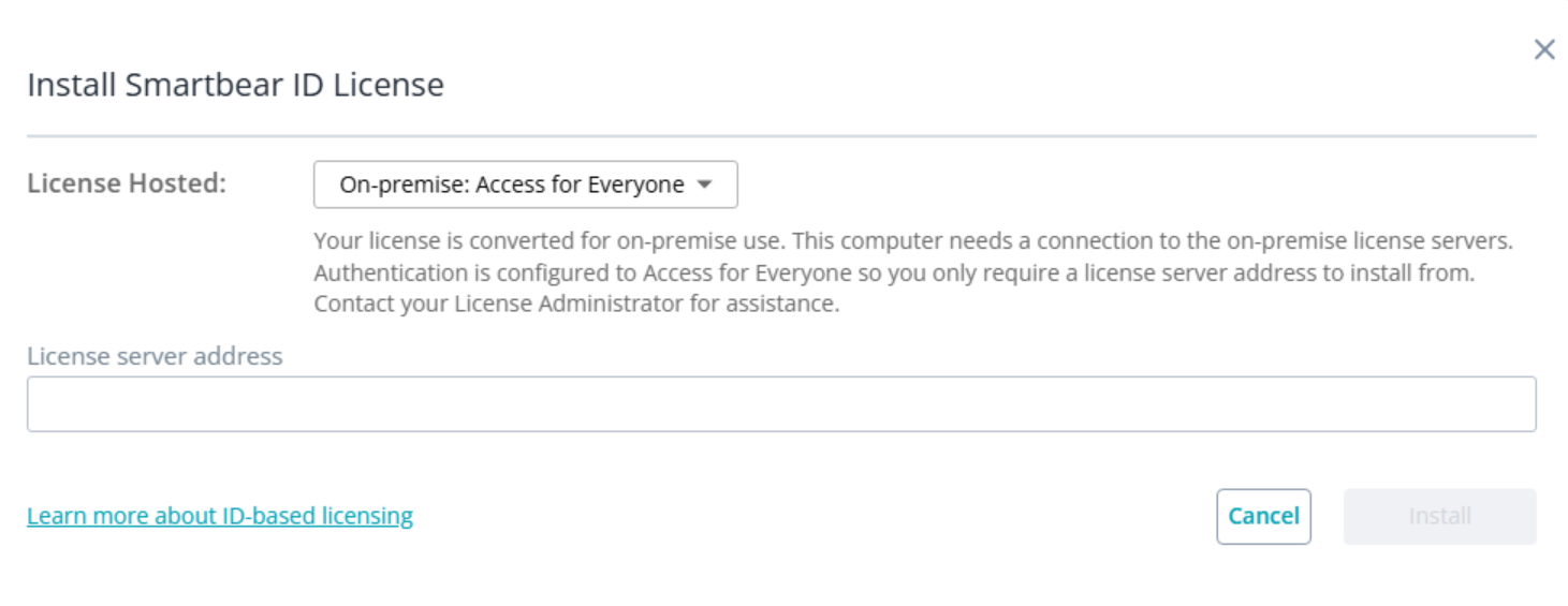 Install SmartBear ID License – On-premise (Access for Everyone) Dialog showing “Install SmartBear ID License” with License Hosted set to On-premise: Access for Everyone. The form includes a single field for entering the license server address and disabled Install and active Cancel buttons.