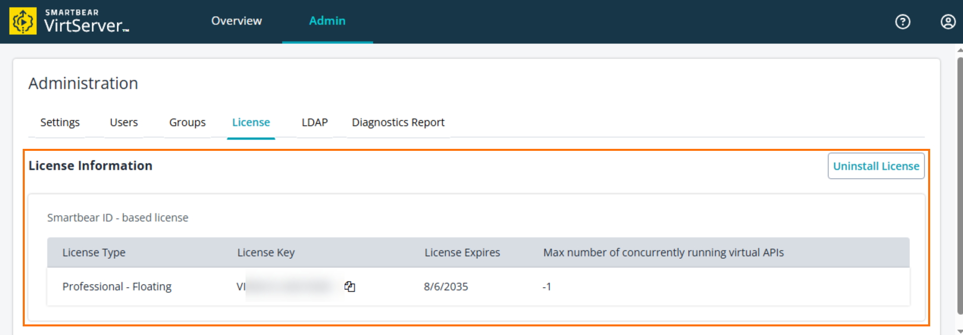 Screenshot of the VirtServer Administration page with the License tab selected. The License Information section displays details of an installed SmartBear ID-based license. Information shown includes: License Type (Professional – Floating), License Key (partially blurred), License Expiration Date (August 6, 2035), and Max number of concurrently running virtual APIs (-1). A button labeled Uninstall License is visible on the right.
