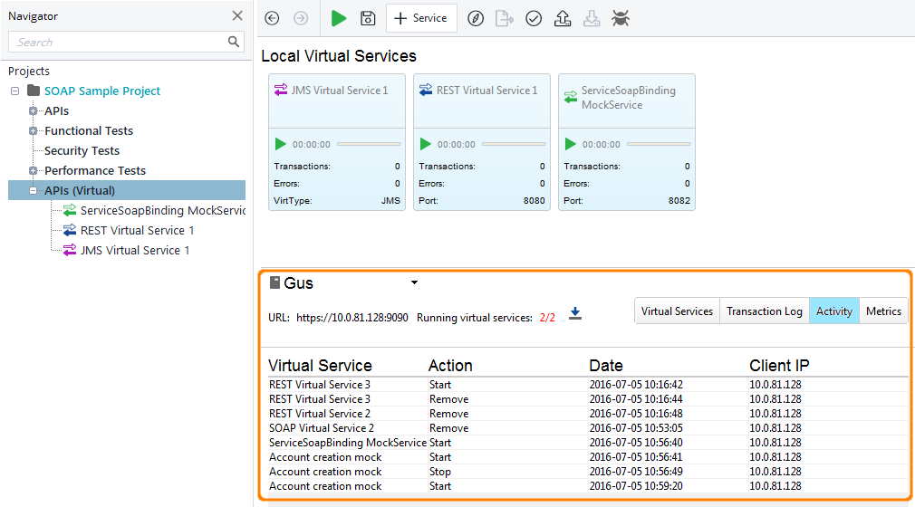 API testing with ReadyAPI: The Activity page of the VirtServer panel API testing with ReadyAPI: The Activity page of the VirtServer panel