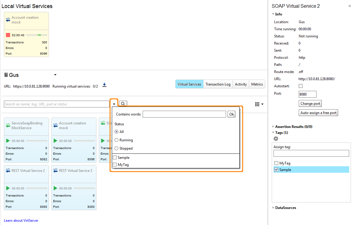 Searching for virtual services: Advanced Search drop-down Searching for virtual services: Advanced Search drop-down