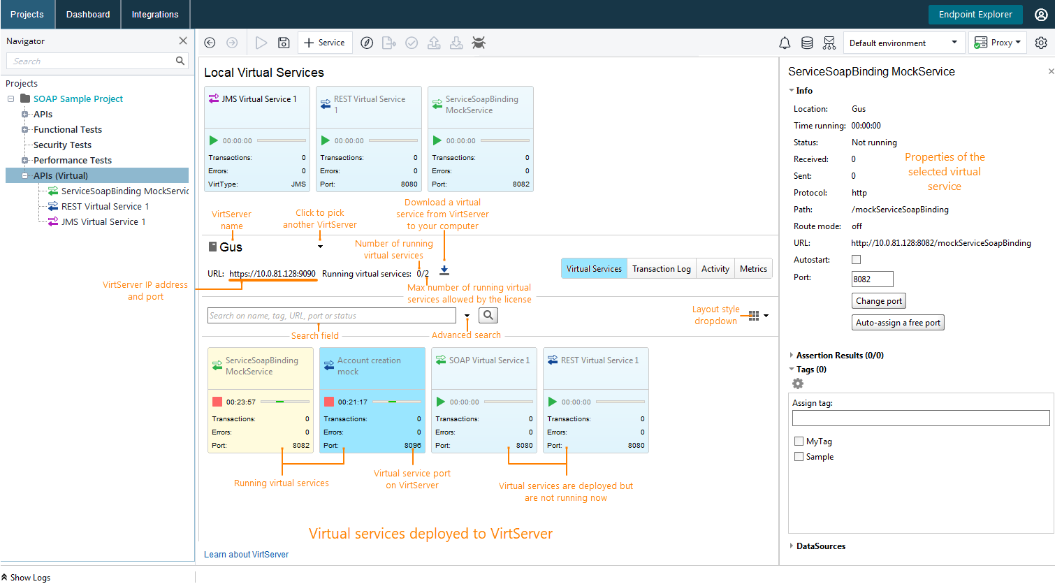 API testing with ReadyAPI: the Virtual Services page of the VirtServer panel API testing with ReadyAPI: the Virtual Services page of the VirtServer panel