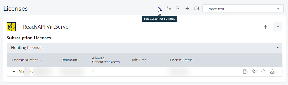ReadyAPI VirtServer License Management – Edit Customer Settings Screenshot of SmartBear License Management showing a ReadyAPI VirtServer floating subscription license. The table lists license number, expiration date, allowed concurrent users, idle time, and license status. At the top, the cursor hovers over the “Edit Customer Settings” icon, and a tooltip with the same label is visible, highlighting where a user can access and adjust customer settings.