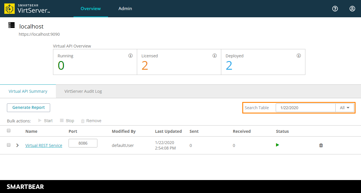 Searching for virtual services: Search Table textbox in web interface Searching for virtual services: Search Table textbox in web interface