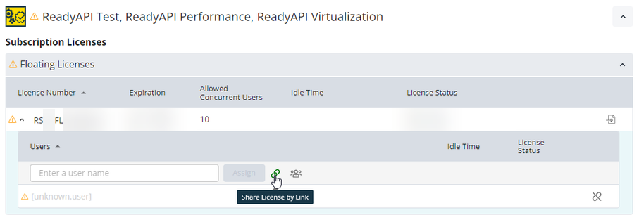ReadyAPI License Management – Share License by Link Screenshot of SmartBear License Management showing a floating subscription license for ReadyAPI Test, Performance, and Virtualization. The license number, expiration date, allowed concurrent users, and status “Not in use” are displayed. Under “Users,” the cursor hovers over the “Share License by Link” icon, with a tooltip visible. This highlights the option to share the license with others through a generated link.
