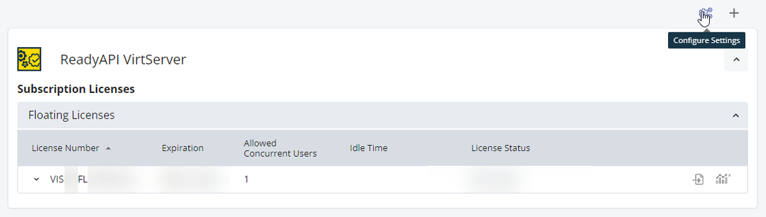 ReadyAPI VirtServer License Management – Configure Settings Screenshot of SmartBear License Management showing a ReadyAPI VirtServer floating subscription license. The license details include license number, expiration, allowed concurrent users, idle time, and status. The cursor hovers over the “Configure Settings” icon in the upper right, with a tooltip labeled “Configure Settings,” highlighting how to access server configuration options.