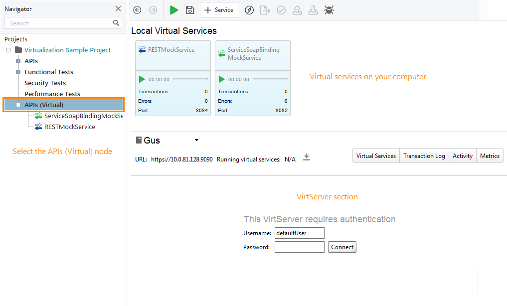 API testing with ReadyAPI: VirtServer panel of the ReadyAPI Virtualization editor API testing with ReadyAPI: VirtServer panel of the ReadyAPI Virtualization editor