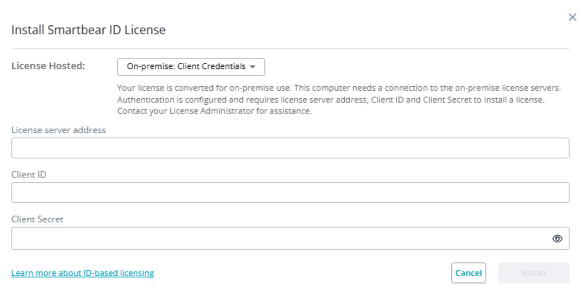 Install SmartBear ID License: On-premise (Client Credentials) Dialog showing “Install SmartBear ID License” with License Hosted set to On-premise: Client Credentials. The form includes fields for license server address, client ID, and client secret, with disabled Install and active Cancel buttons.