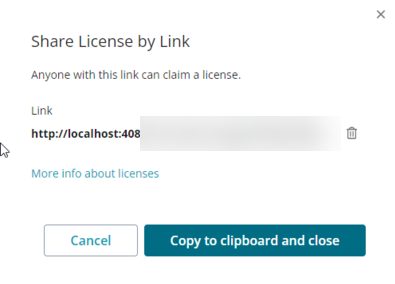 Share License by Link – Generated Invitation Link Screenshot of the Share License by Link dialog in SmartBear License Management. A unique invitation link is displayed, allowing anyone with the link to claim a license. The dialog includes options to delete the link, cancel, or copy the link to clipboard with the button “Copy to clipboard and close.” A help link labeled “More info about licenses” is also available.