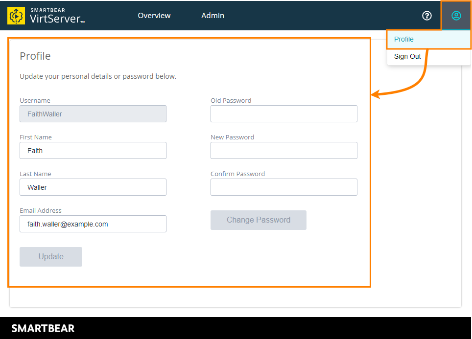 VirtServer web UI: Open user profile menu VirtServer web UI: Open user profile menu