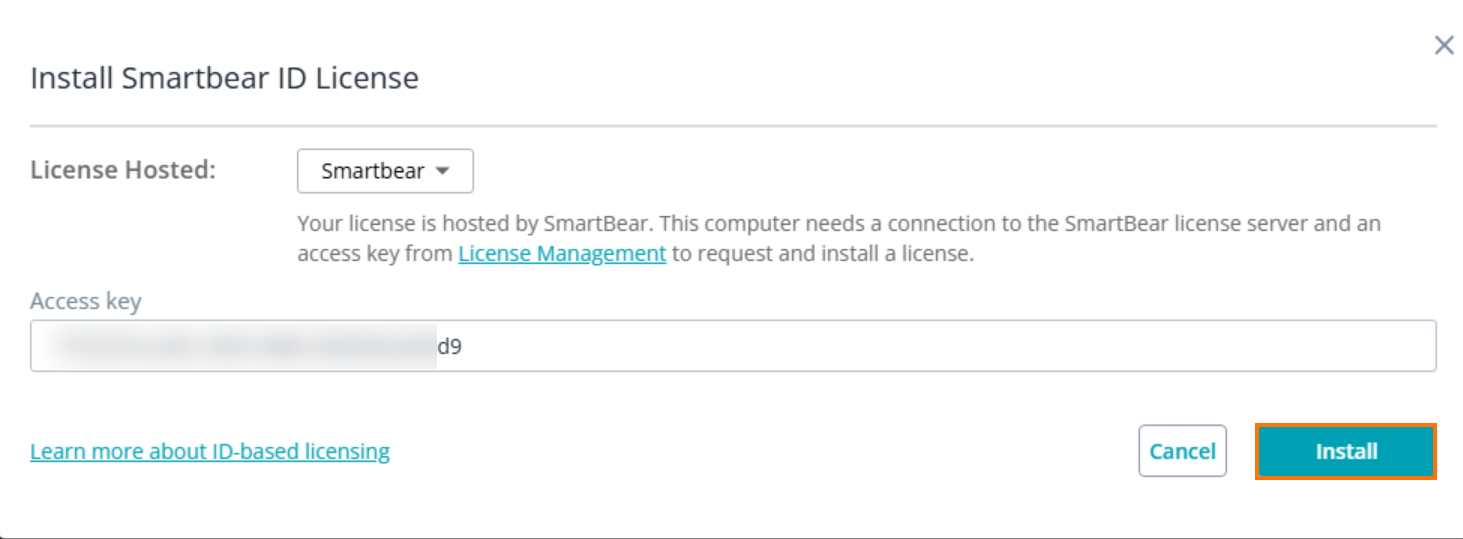 Screenshot of the “Install SmartBear ID License” dialog in VirtServer. The License Hosted field is set to SmartBear. The Access key field is filled in with a partially blurred key. At the bottom, the Install button is enabled and highlighted, indicating the license can now be installed. Options to Cancel or learn more about ID-based licensing are also available.
