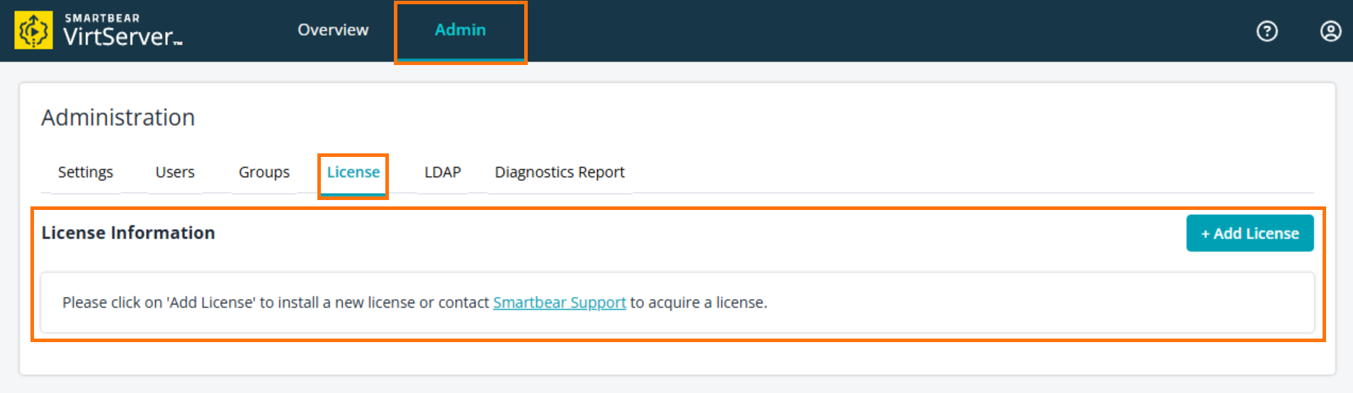 VirtServer Administration – License Management Screenshot of the VirtServer Administration page with the License tab selected. The section “License Information” displays a message prompting the user to click Add License to install a new license or contact SmartBear Support to acquire one. A turquoise + Add License button is visible on the right side of the screen.