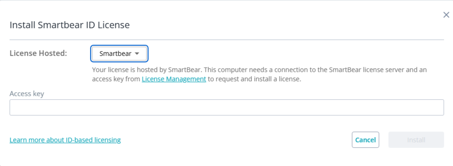 Install SmartBear ID License: Enter Access Key Screenshot of the “Install SmartBear ID License” dialog in VirtServer. The dialog shows a dropdown field labeled “License Hosted,” set to SmartBear. Below, an empty text field labeled Access key is provided for entering a license key obtained from SmartBear License Management. Buttons for Cancel and a disabled Install option are at the bottom. A link labeled “Learn more about ID-based licensing” is visible below the form.