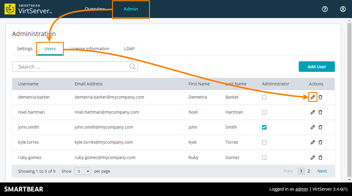 VirtServer Web UI: Edit user VirtServer Web UI: Edit user