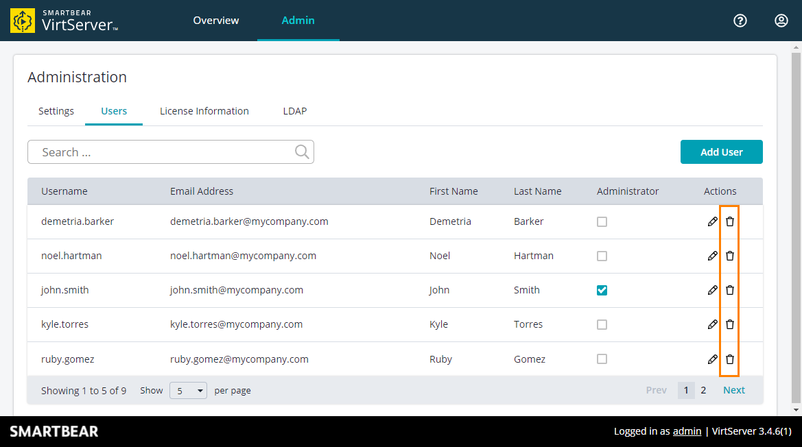 VirtServer Web UI: Delete user VirtServer Web UI: Delete user