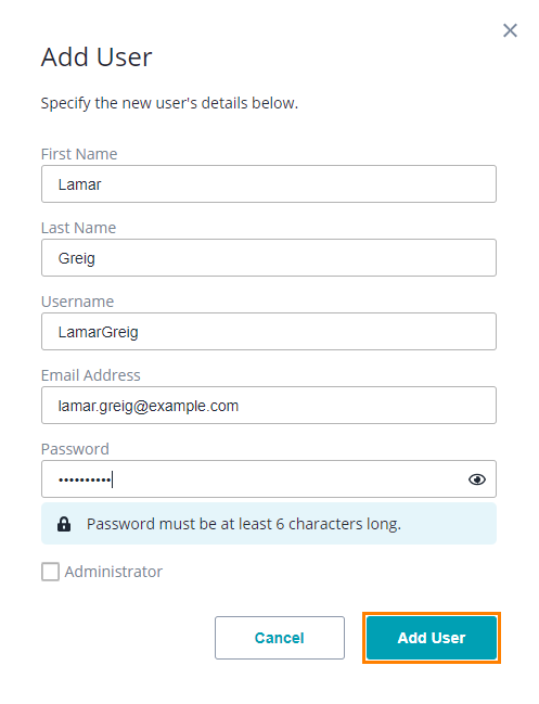 VirtServer Web UI: Add User dialog VirtServer Web UI: Add User dialog