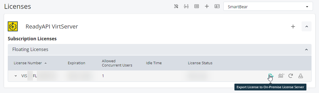 SmartBear License Management – ReadyAPI VirtServer Floating License Screenshot of SmartBear License Management showing a ReadyAPI VirtServer floating subscription license. A tooltip is visible over the export button, labeled "Export License to On-Premise License Server."