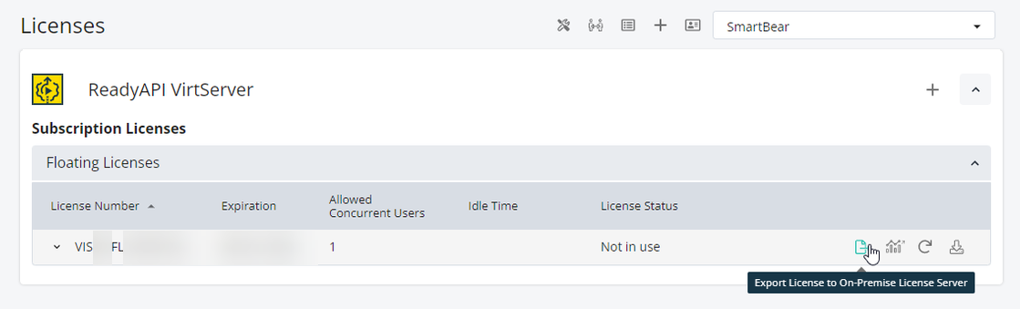 Export ReadyAPI VirtServer License – Access On-Premise Export Option Screenshot of SmartBear License Management showing a ReadyAPI VirtServer floating subscription license. The cursor hovers over the export icon, with a tooltip visible that says “Export License to On-Premise License Server.” This highlights the step where a user initiates the license export to set up the On-Premise License Server.