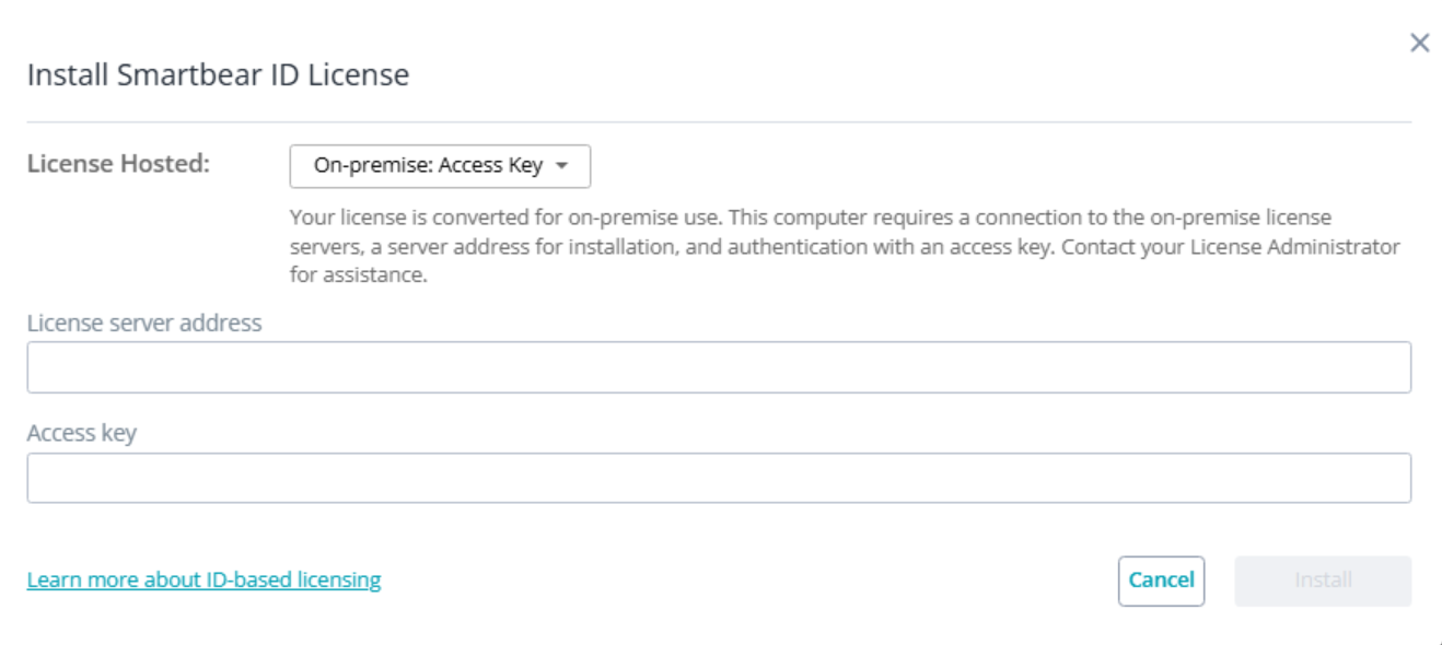 Install SmartBear ID License: On-premise (Access Key) Dialog showing “Install SmartBear ID License” with License Hosted set to On-premise: Access Key. The form includes fields for license server address and access key, with disabled Install and active Cancel buttons.