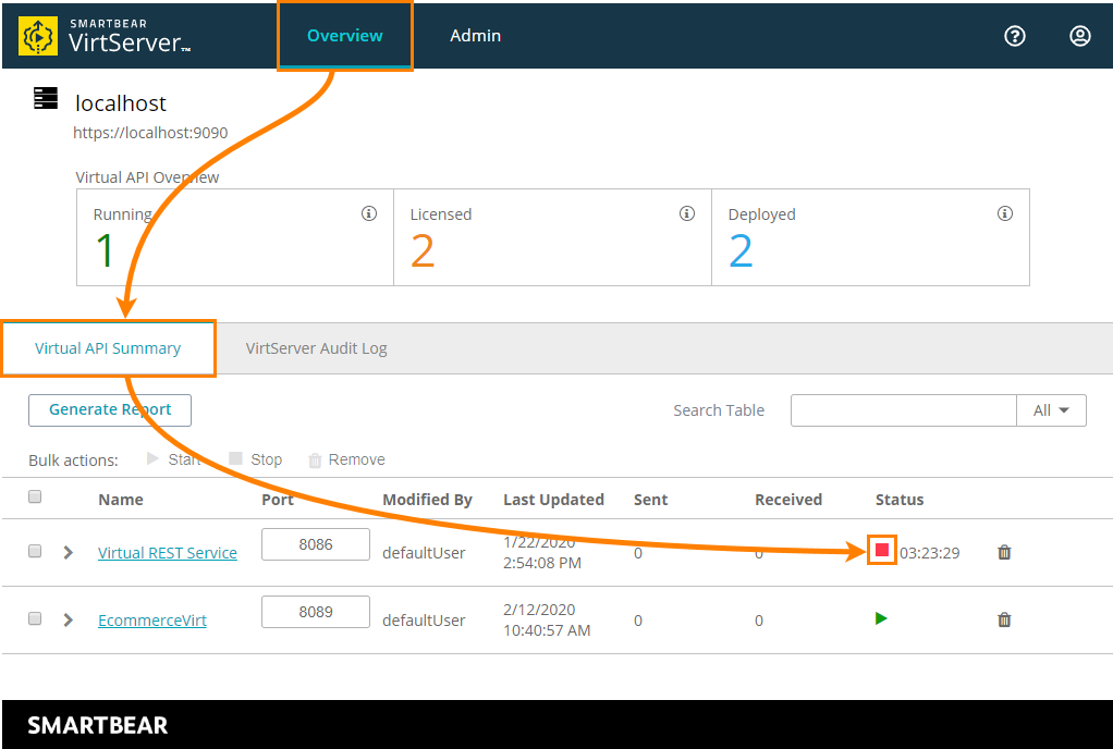 Stopping a virtual service using web interface Stopping a virtual service using web interface