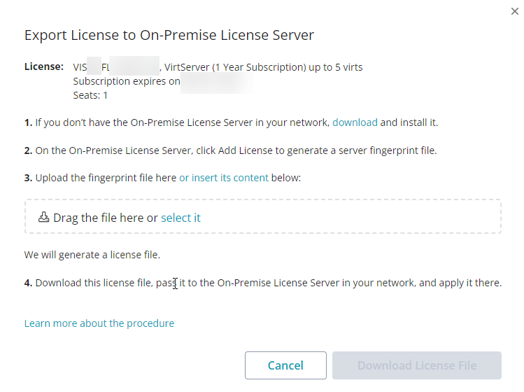 Export ReadyAPI VirtServer License – Download On-Premise License Server Screenshot of SmartBear License Management showing the Export License to On-Premise License Server dialog for ReadyAPI VirtServer. The instructions list four steps. Step 1 is highlighted: “If you don’t have the On-Premise License Server in your network, download and install it.” This emphasizes the action to download the required On-Premise License Server installer before continuing. The license details, subscription expiry, and seat count are shown at the top, and a disabled “Download L