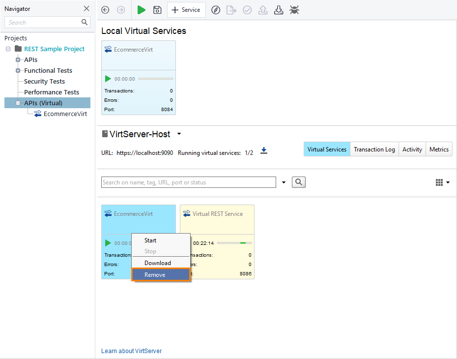 Removing a virtual service using ServiceV Removing a virtual service using ServiceV
