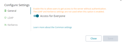 Configure Settings – Enable Access for Everyone Screenshot of the Configure Settings dialog in SmartBear License Management. The “General” tab is selected. The option “Access for Everyone” is toggled on, with a note in orange text explaining that enabling this allows users to access the server without authentication. LDAP and Kerberos settings are disabled when this option is active. “Close” and “Save” buttons are displayed at the bottom.