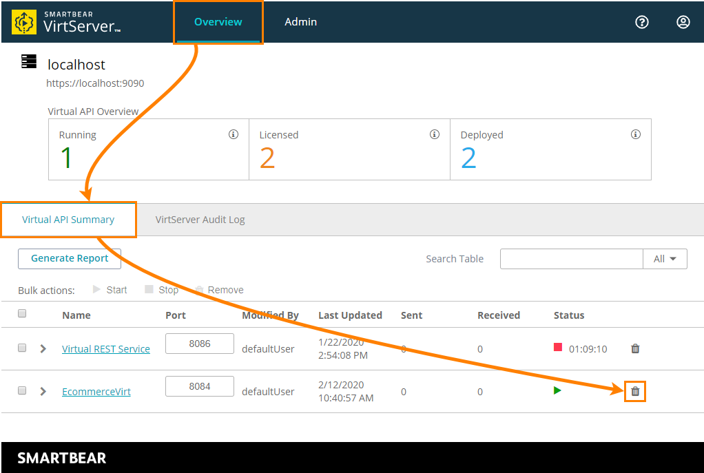 Removing a virtual service using web interface Removing a virtual service using web interface