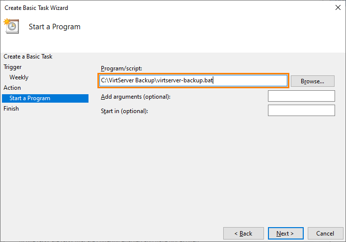 Selecting a script file that backs up VirtServer database file Selecting a script file that backs up VirtServer database file